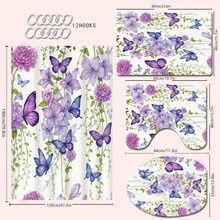 1/4pcs Purple Watercolor Butterfly Print Shower Curtain, Waterproof Polyester Material, Simple Style Home Decor Shower Curtain Set Include Toilet Seat Cover, U-Shaped Mat, Anti-Slip Bath Mat Back To School Bathroom Decor - Multicolor - View 16