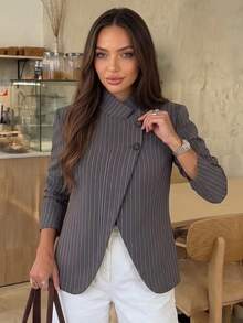 Women's Spring/Summer Striped Casual Blazer - Vintage Elegant, Full Of Sophisticated And Confident Professional Style (Unlined) - Grey - View 2