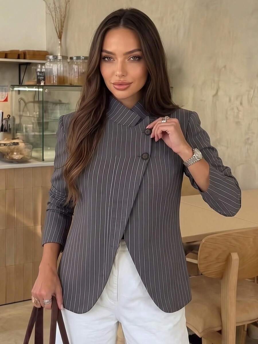 Women's Spring/Summer Striped Casual Blazer - Vintage Elegant, Full Of Sophisticated And Confident Professional Style (Unlined)