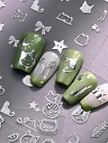 6Pcs 3D Silver Metallic Nail Art Stickers Minimalist Cute Cat Heart Star Bow Planet Moon Pattern Self-Adhesive Nail Decals Y2k Nail Decoration - Silver - View 6