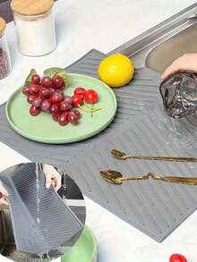 1pc Silicone Drainage Mat, Sloped Bowl & Cup Rack Pad, Bathroom Drainage Filter Mat, Non-Slip Kitchen Dining Table Mat, Placemat/Coaster, Kitchen Supplies, Heat Resistant, Sink Edge Non-Slip Kitchen Mat, Home And Kitchen Decor - Dark Grey - View 6