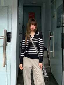 Women's Autumn/Winter Collared Hollow-Out Contrast Color Striped Slim Fit Versatile Sweater Top - Black - View 3