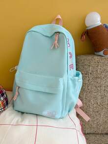 Bow Embroidery School Backpack + Multi Pocket Large Capacity + Teen Girls Daily School Commute + Lightweight Sweet Pastel Blue Bookbag - Multicolor - View 1