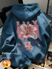 Men's Fleece Hooded Sweatshirt With Lily Pattern And Text Decoration, Y2K Style, Autumn/Winter - Cow Blue - View 2