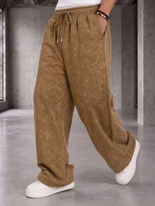 GRDR Men's Elastic Waist Drawstring Casual Pants, Washed Loose Drape Lazy Wide Leg Long Pants - Brown - View 2