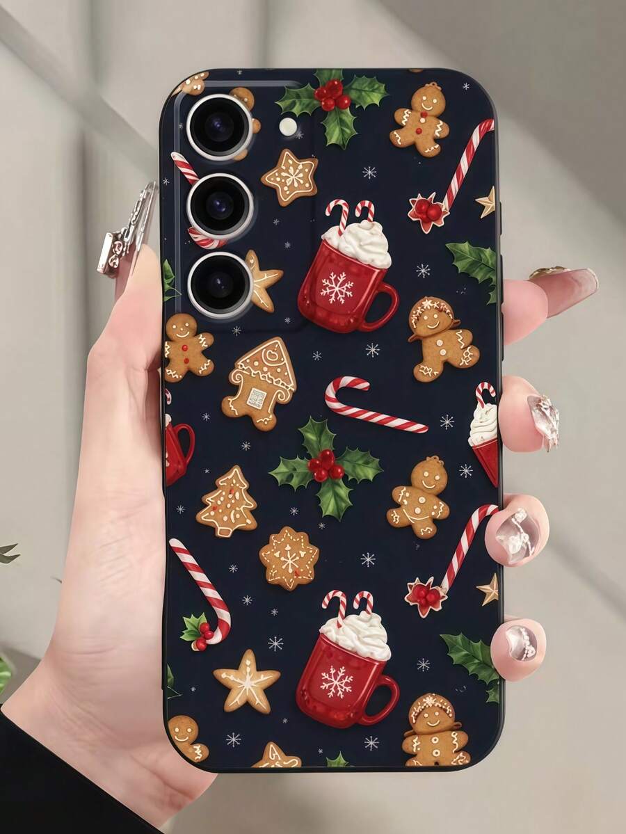 1pc TPU Dark Background Christmas Gingerbread Man Print Phone Case, Cute Hot Cocoa Candy Cane Holly Berry Pattern Shockproof Soft Protective Phone Cover, Compatible With Samsung, Series Phones - Black - View 1