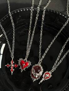 4pcs/Set Subculture Vintage Style Metal Retro Frame Red Background Embossed Heart Bat Skull Cross Layered Necklace Set For Men Dark Streetwear - Red - View 4