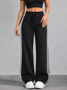 Women Black Wide Leg Pants With Drawstring Elastic Waist And Double Side Stripes Casual Full Length Trousers For Daily Wear - Black - View 9