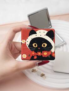 1PC Ins Cat Pet Series Portable Vanity Mirror, Foldable Lightweight Ultra-Thin Convenient Hand Mirror, PU Leather, Suitable For Multiple Scenarios And All People, Foldable Small Square Mirror, Pocket Mirror, Cartoon Cat Strawberry Cow Flower Printed Pattern Design, Exquisite Handheld 180° Flip Cover Multi-Function Mini Mirror - Multicolor - View 8