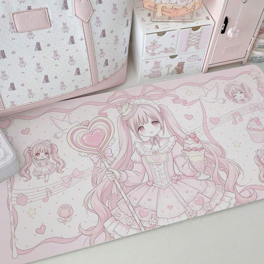 Sweet Pink Anime Girl PU Leather Large Desk Mat, Kawaii Heart Cake Pattern Waterproof Mouse Pad, Non-Slip Table Protector Pad For Laptop Gaming Office Decor - View 1
