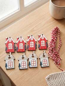 8pcs Christmas Wooden Hanging Ornaments, Small House Shaped Tree Decorations, Rustic Style Holiday Tabletop And Wreath Decor, Exquisite Seasonal Gift, Suitable For Plush Doll Collection, Great Choice For Winter Home Decor - Multicolor - View 8