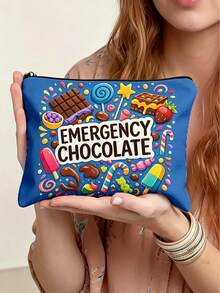 "Emergency Chocolate" Slogan Storage Bag/Travel Toiletry Bag, Zipper Closure, Suitable For Travel, Business Trip, Vacation And Camping - Multicolor - View 7