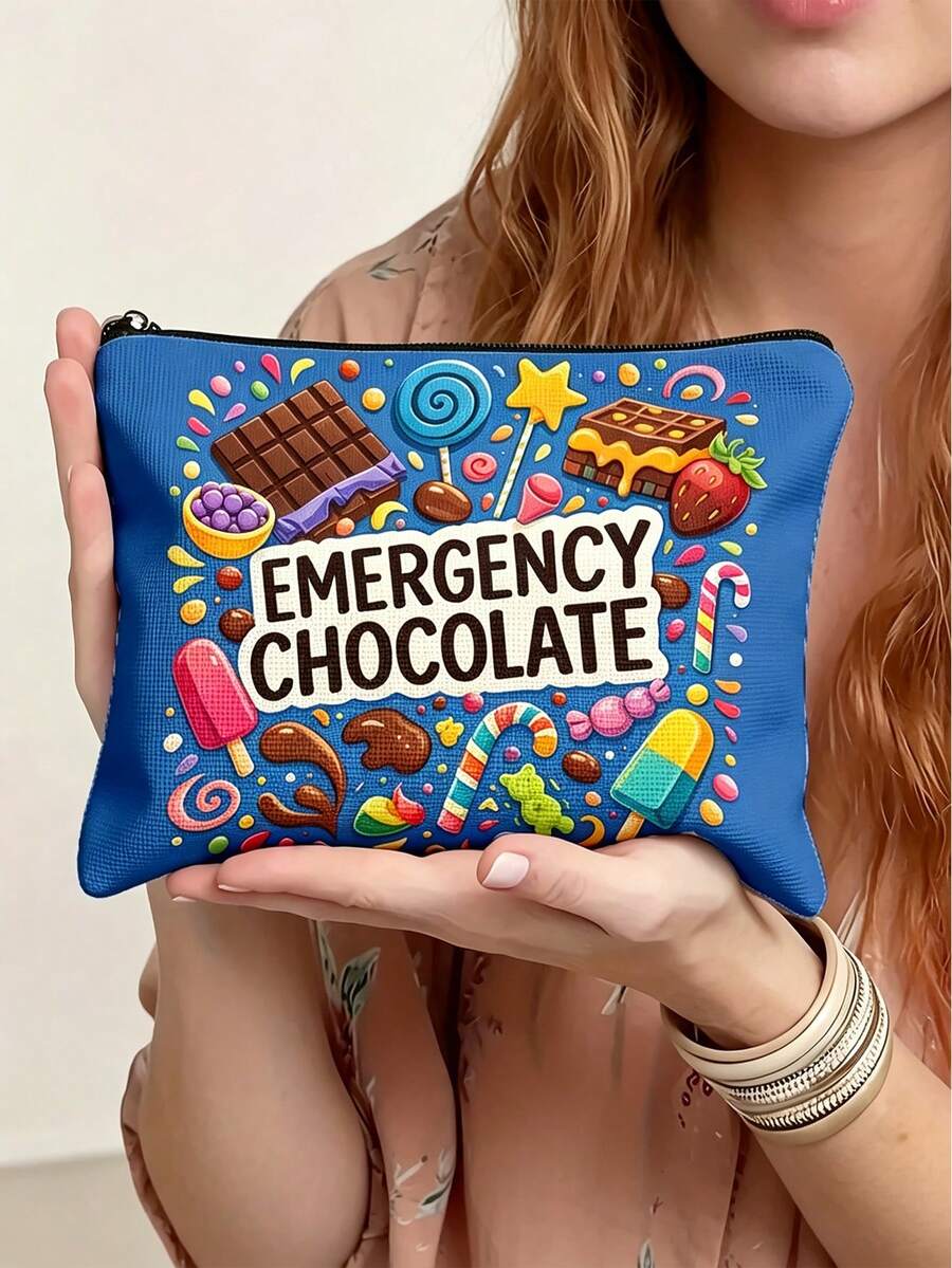 "Emergency Chocolate" Slogan Storage Bag/Travel Toiletry Bag, Zipper Closure, Suitable For Travel, Business Trip, Vacation And Camping