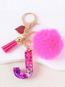 1pc Letter Keychain With Heart Pendant, Cute Rose Red Pom Pom Tassel Key Chain Decoration - Multicolor - View 26
