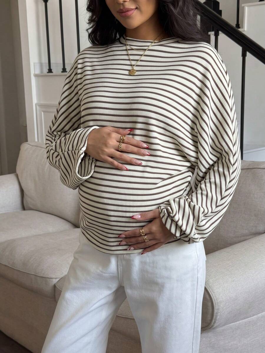 女款孕婦短版上衣，彈性杏色條紋長袖圓領休閒日常穿搭 - 杏色 - 查看 1