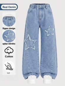 1pc Tween Girls' Vintage Minimalist Denim Jeans, Star Frayed Patchwork Casual Wide Leg Straight Long Pants - Medium Wash - View 1