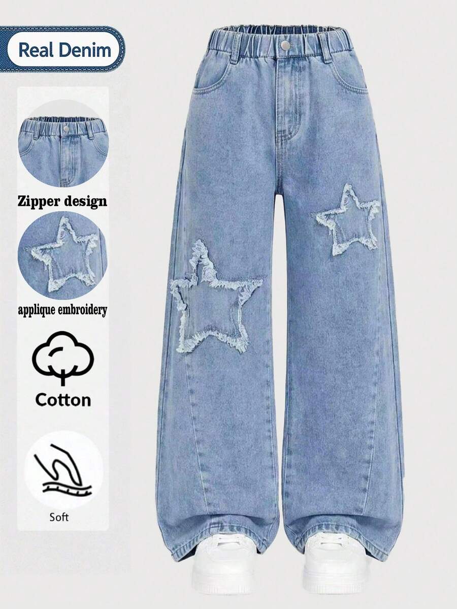 1pc Tween Girls' Vintage Minimalist Denim Jeans, Star Frayed Patchwork Casual Wide Leg Straight Long Pants - Medium Wash - View 1