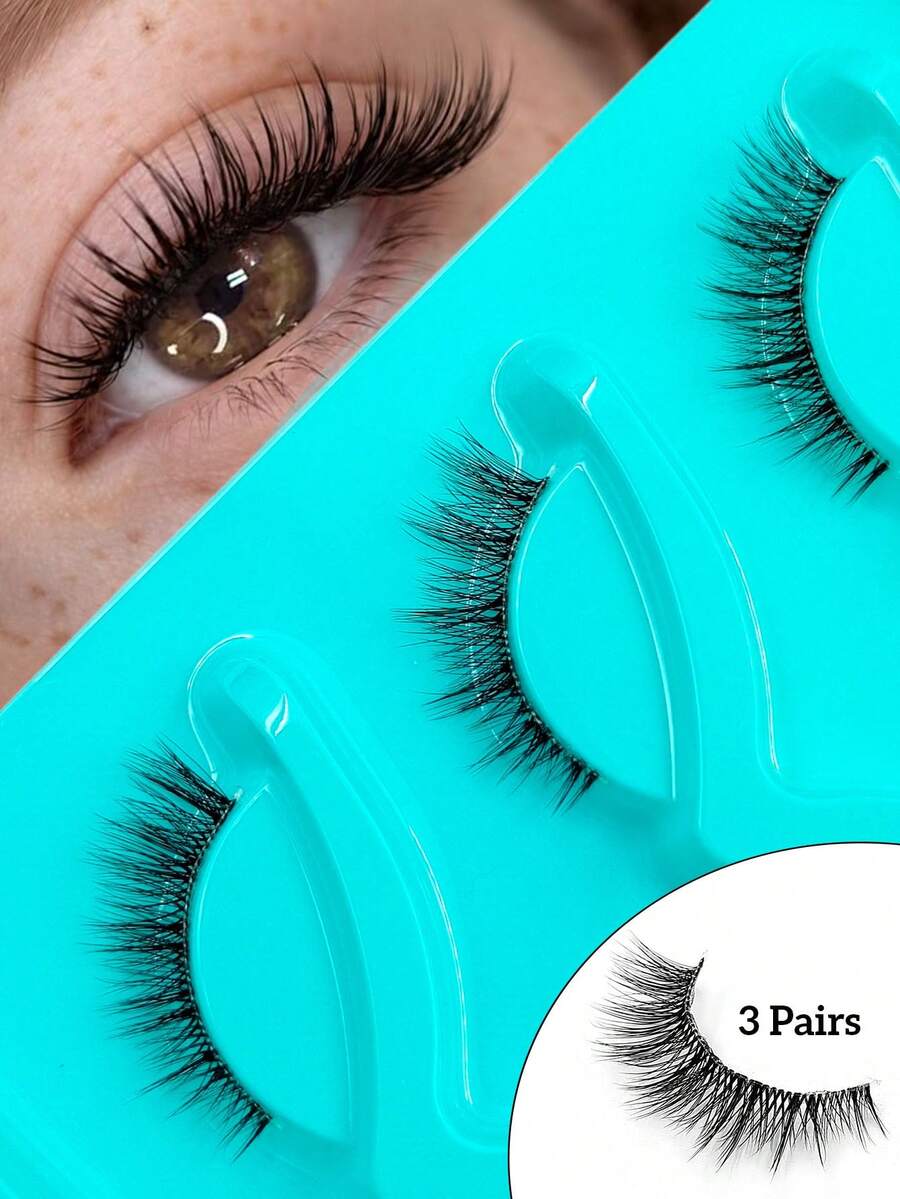 Asiteo 3 Pairs Natural 2/3 Eyelash Clear Band Angel Lashes Fluffy Soft Lashes, Cat Eye Lashes Crossed & Wispy False Eyelashes, Portable Makeup Travel Lashes Suitable For Beginners - Black - View 1