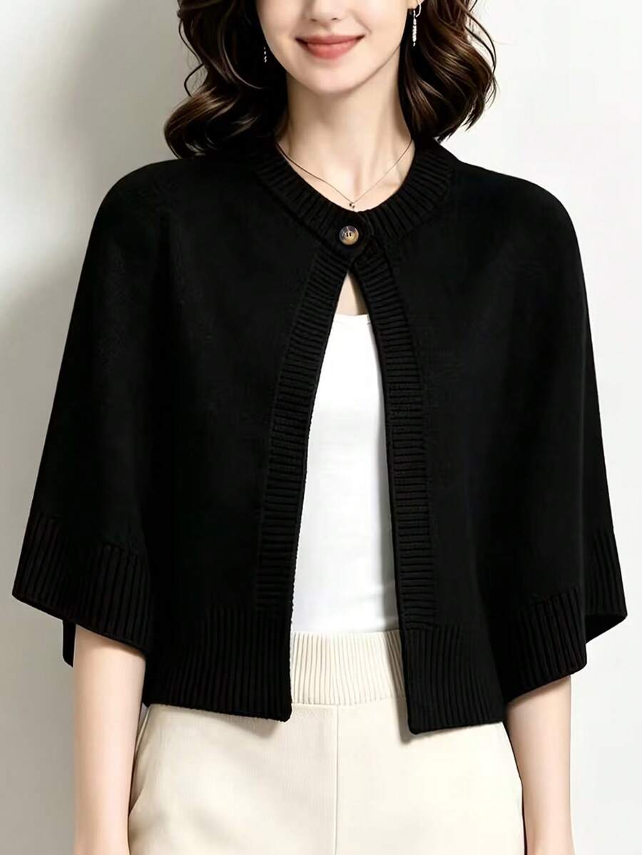 Single Button Knit Cape Cardigan, Black Cropped Shawl Sweater Cover Up - Black - View 1