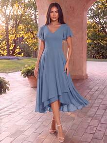 Elegant Spring V-Neck Ruffle Sleeve A-Line Chiffon Dress, Short Front Long Back Hem, Light Blue Bridesmaid/Wedding Guest Dress - Dusty Blue - View 1