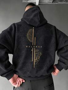 Men's Loose Drop Shoulder Distressed Washed Hoodie Sweatshirt, Autumn/Winter Brain & Heart Line Print Vintage Kangaroo Pocket Pullover - Black - View 10