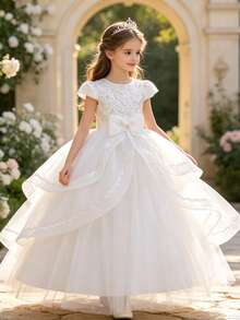 Girls' Embroidered Extra Full Skirt Princess Dress, Elegant Flower Girl Dress For Wedding, Birthday, Evening Party, Holiday, Host, Piano Performance, Formal Occasion - White - View 2