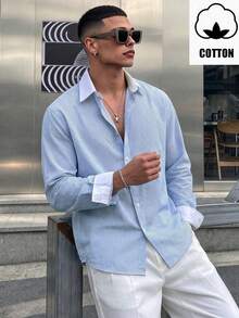 WAIT HIM Men's Business Style Premium Color-Block Striped Dress Shirt Made Of Traceable Cotton - Blue and White - View 3