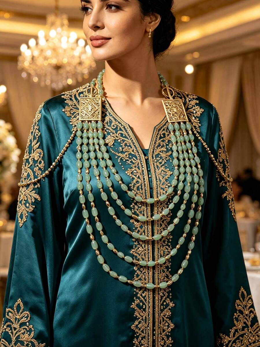 1pc Gold-Plated Moroccan Women Body Chain, Luxury Vintage Style With Turkish Coin Tassels, Shoulder Chain For Brides, Wedding And Performance Outfits - Light Green - View 1