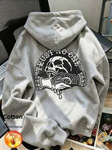 Men's Fleece Hooded Sweatshirt, Skull, Snake Holding And "Trust No One" Print, Y2K Style, Autumn/Winter - Floral Gray - View 3