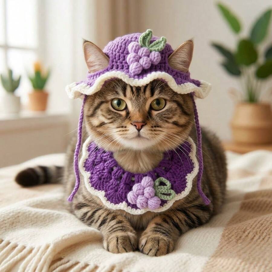 4pcs Spring Pet Flower Hat And Bib Set, Cat Dog Grape Headpiece, Sweet ...