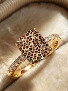 1pc Leopard Print Square Ring, Fashion Statement Piece, Suitable For Women's Daily Wear And Party Occasions, Great Jewelry Gift Choice - Multicolor - View 1