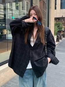 Autumn/Winter Vintage Plaid Loose Cardigan Top (Random Stripes) - Black - View 6