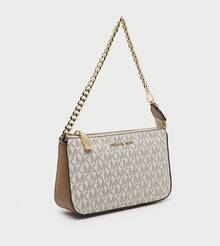 Michael Kors MK Jet Set 中號經典標誌手拿包，時尚金屬鏈條女款單肩包，拉鍊方型手提包錢包，適合購物、旅行與日常穿搭 - 白棕色 - 查看 4