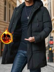 Men's Padded Coat, Mid-Length Knee-Length Warm Hooded Winter Coat, Casual Daily, Business Commute, Outdoor Sports , Fall Winter - Black - View 2