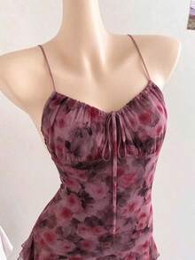 Halloween Dark Rose Ditsy Floral Spaghetti Strap Dress For Women, Heart Neckline Layered Ruffle Mesh Mini Skirt, Vintage Vibe Party Outfit - Multicolor - View 5