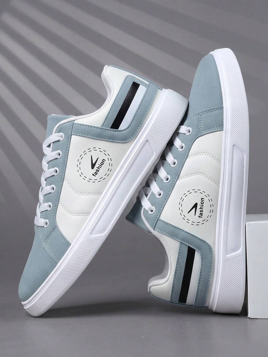 Men's Fashion High-End Minimalist Color-Block Lace-Up Casual Sports Shoes, Versatile Daily Outdoor Commute Comfortable Walking Shoes - Blue and White - View 1