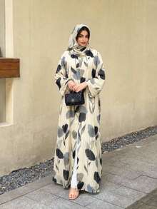 Hafizah Elegant Conservative Floral Print Long Sleeve Robe & Headscarf Fall - Apricot - View 7