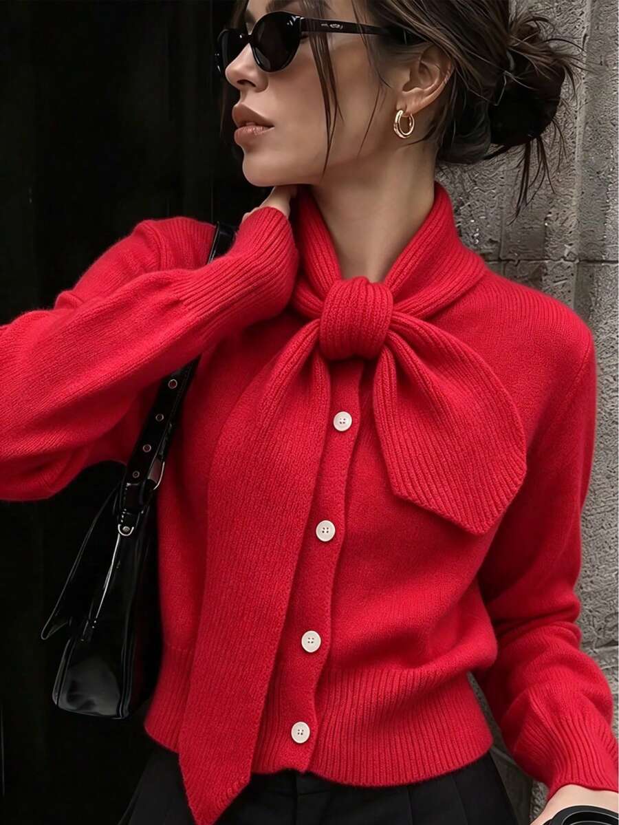 Vintage Style Women's Knitted Cardigan, Large Bow Decor, Front Button Closure, Long Sleeve, Suitable For Autumn/Winter - Red - View 1