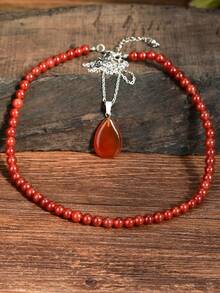 2pcs Red Agate Necklace Set Vintage Exquisite Natural Stone Beaded Teardrop Pendant Red Christmas Jewelry - Multicolor - View 3