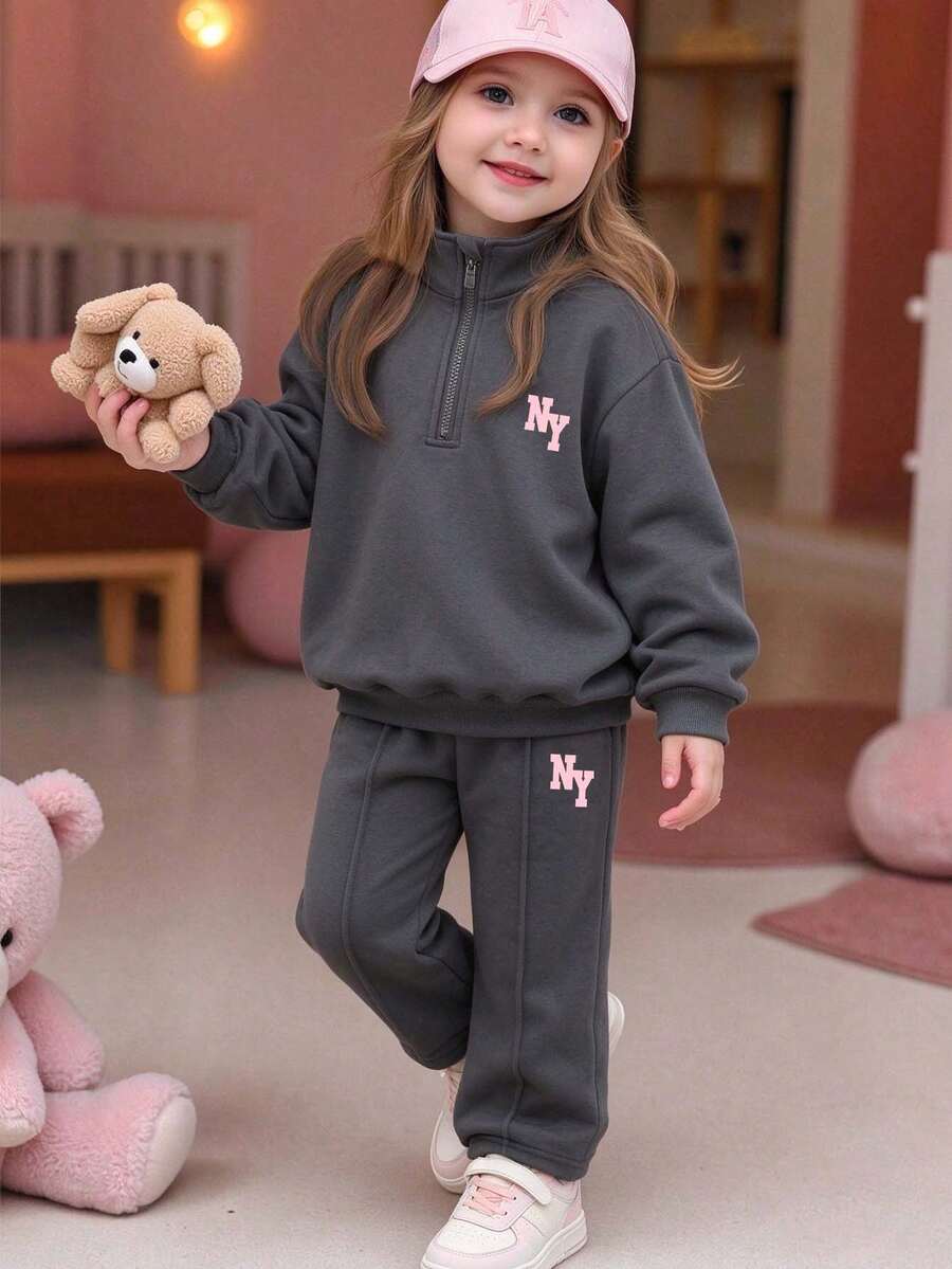 Young Girl Letter Print Round Neck Long Sleeve Top And Pants Set - Dark Grey - View 1