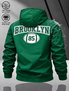 Men's American Vintage Hooded Jacket, Street Sports Casual Commute Versatile Style, New York/Brooklyn Print Design On Front And Back, Smooth Zipper Closure, Elastic Cuffs And Hem - Green - View 2