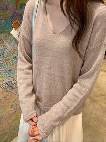 Women's Loose Hollow V-Neck Knit Sweater, Casual Pullover Top, Lightweight For Spring/Autumn - Dusty Pink - View 4