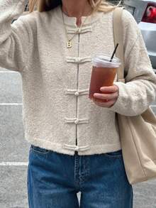 Women's Casual Elegant Vintage Button Design Knitted Cardigan Sweater, Suitable For Office Work And Daily Wear - Apricot - View 2
