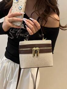 New 2026 Colorblock Fashion Large Capacity Box-Shaped Shoulder Crossbody Handbag - Coffee - View 2