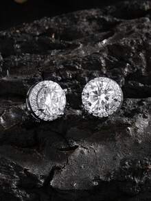 2pcs Men's Personalized Minimalist Copper Cubic Zirconia Round Stud Earrings, Suitable For Men's Autumn Daily Commute Outfit Layering Jewelry - Earrings - View 2
