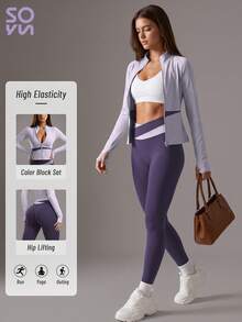 Soyun High Elasticity Zipper Thumb Hole Outdoor Yoga Fitness Quick Drying Set, Suitable For Daily Leisure, Rural Life, And American Street Style - Purple - View 1