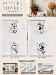 2pcs Watercolor Gray Cute Snowman Snowflake Text Pattern Kitchen Towels, 40*60cm Soft Microfiber Material Tea Towels, Suitable For Home Kitchen Restaurant Outdoor Camping Tabletop Cleaning Dish Cloth Hand Towel Accessories, Christmas Theme Kitchen Linen Towels Holiday Gift - Multicolor - View 3