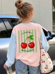 Tween Girl 1pc Printed Long Sleeve T-Shirt, Suitable For Tween Girls' Autumn/Winter Top, Young Student Children's Clothing, Suitable For Outerwear And Layering - Baby Blue - View 2