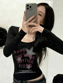 New Spring/Autumn Short Long Sleeve T-Shirt Women Y2K Generation Design Star Print Korean Style U-Neck Versatile Casual Slim Fit Top - Black - View 3