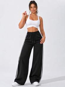 Women Black Wide Leg Pants With Drawstring Elastic Waist And Double Side Stripes Casual Full Length Trousers For Daily Wear - Black - View 10